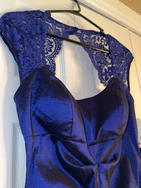 Xscape Electric Blue Satin Mermaid Dress with Lace Back
